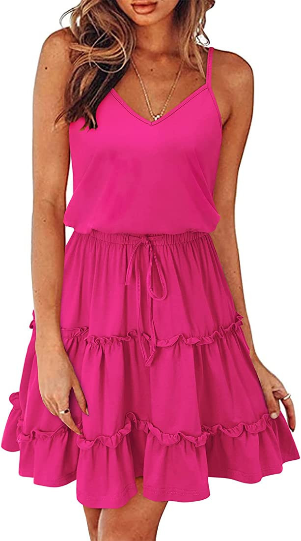 MissLook Women's Summer V Neck Sleeveless Ruffled Dress Spaghetti Strap Casual Sundress 2023 Spri... | Amazon (US)