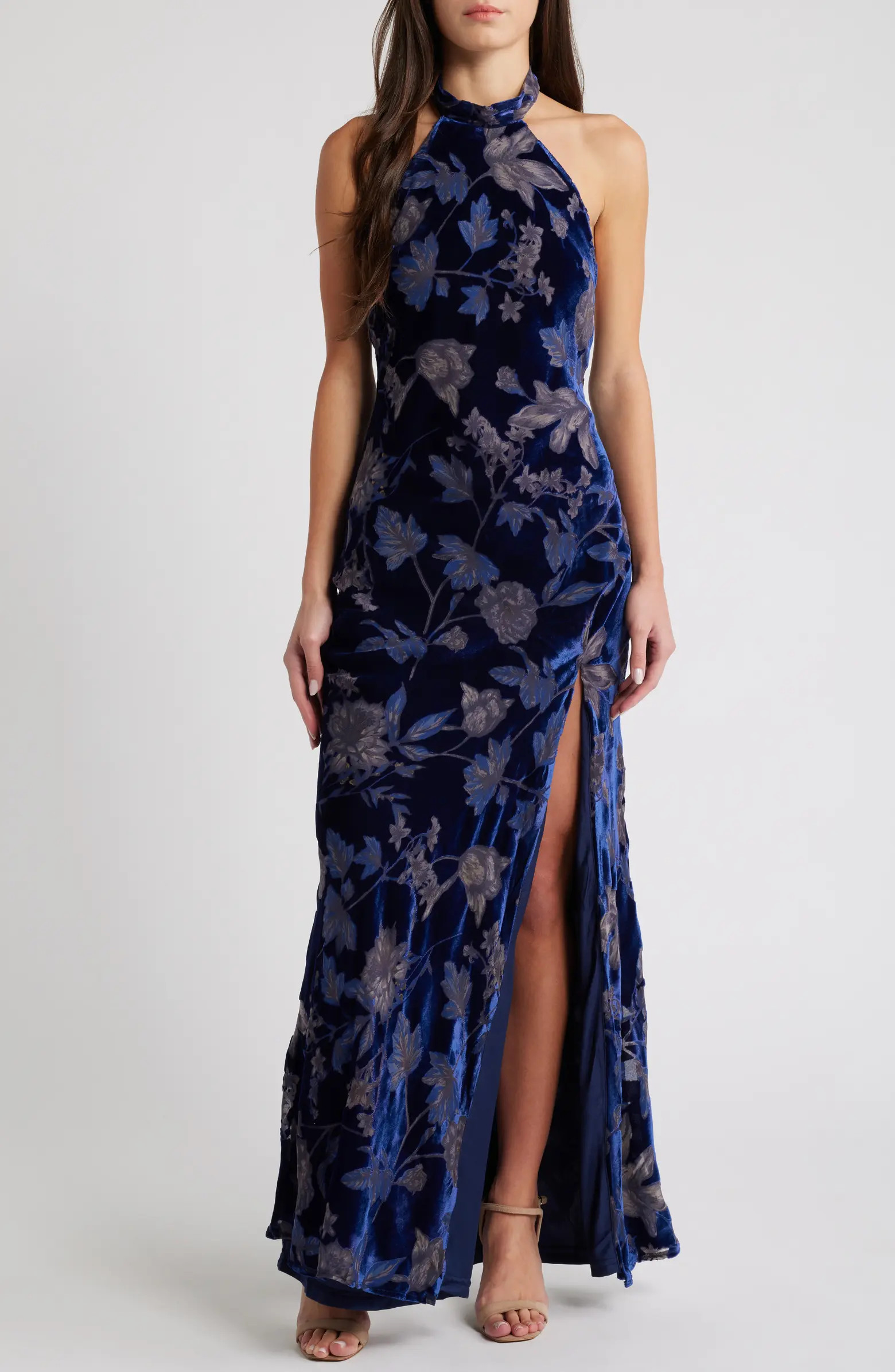 Dreamy Blossom Burnout Velvet Halter Gown | Nordstrom