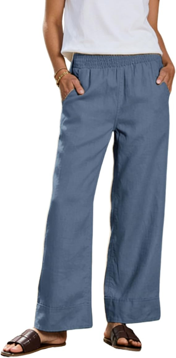 Xiaoxuemeng Womens Cotton Linen Pants Casual Wide Leg Lounge Trousers Baggy Pants with Pockets | Amazon (US)