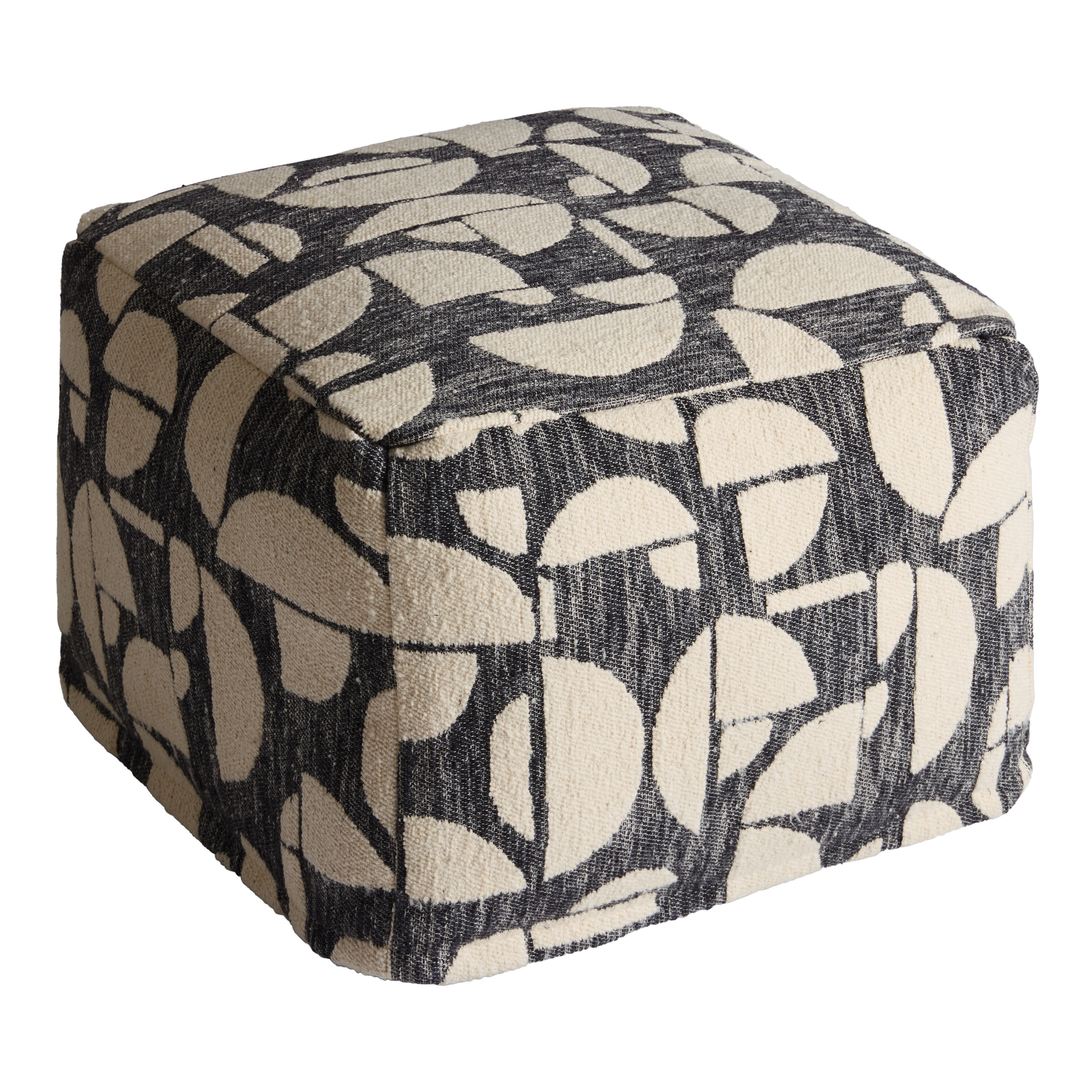 Black and Ivory Jacquard Geometric Shapes Pouf - World Market | World Market