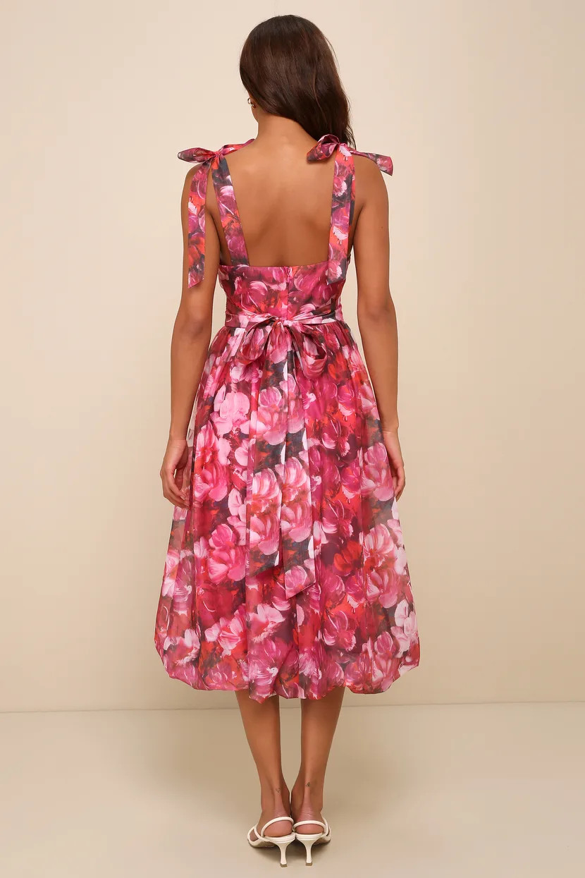 Flowering Day Dream Magenta Floral Organza Midi Bubble Dress | Lulus