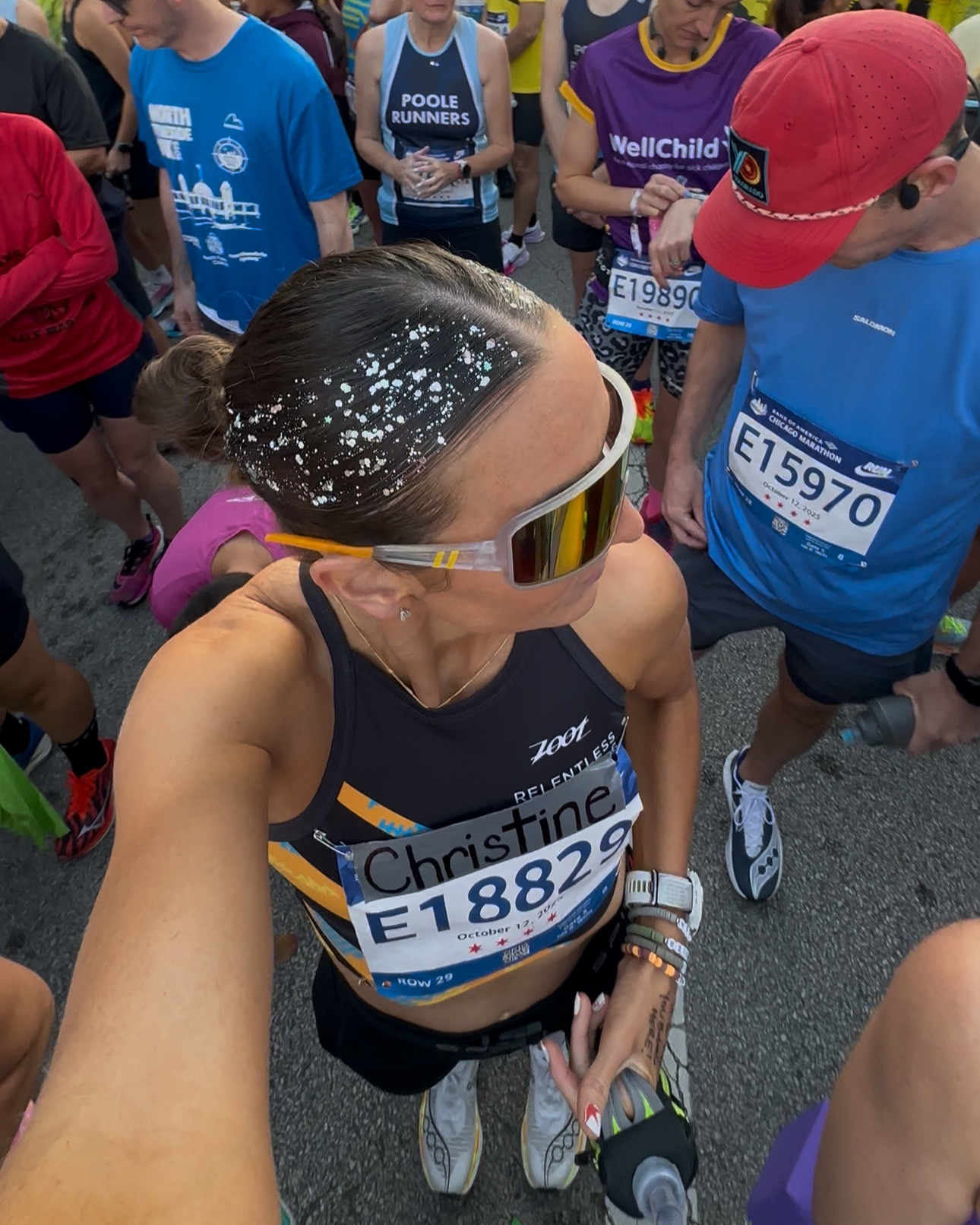 Everything I used in my hair to run the Chicago marathon!

A little bit of this glitter goes a LONG way!! I used color silver. 

I pulled my hair back, then used the wax stick to slick it back, then put some glitter on a Q-tip and spread out on my hair where I wanted it  
