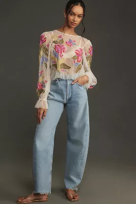 By Anthropologie Long-Sleeve Appliqué Mesh Top | Anthropologie (US)