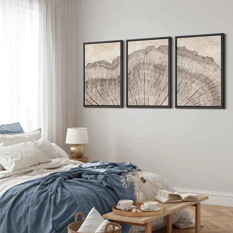 Tree Ring Rustic Oak Wood Farmhouse Decor Neutral Modern Organic Framed Canvas 3 Piece Print Art | Wayfair North America