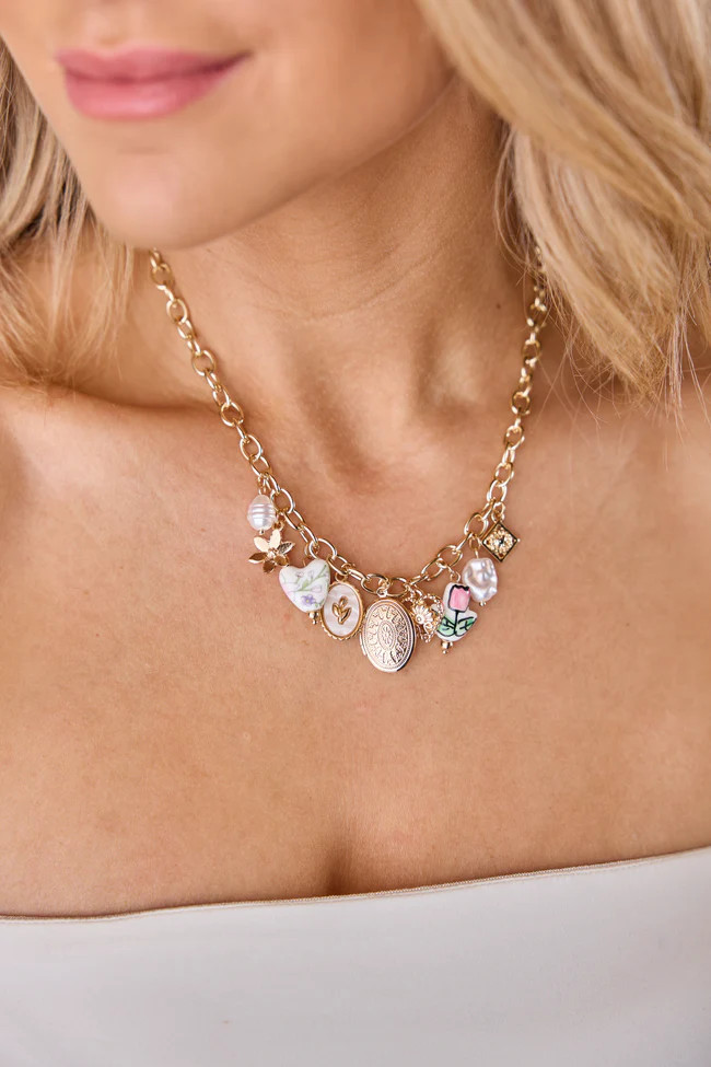 Emilia Gold Charm Necklace | Pink Lily