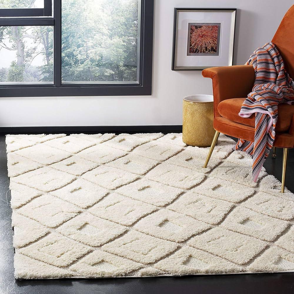 SAFAVIEH Olympia Shag Collection 6'7" Square Cream/Beige OSG319B Moroccan Boho Trellis Non-Sheddi... | Amazon (US)