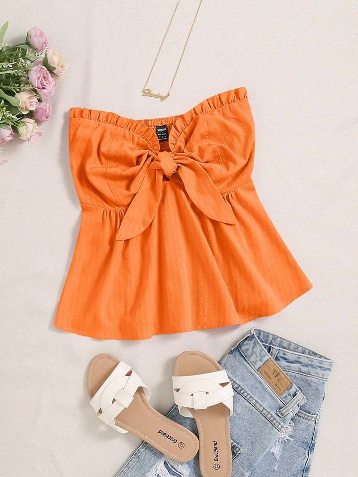 SHEIN Essnce Women Lace Trim Twist Knot Solid Color Casual Spring/Summer Tube Top | SHEIN