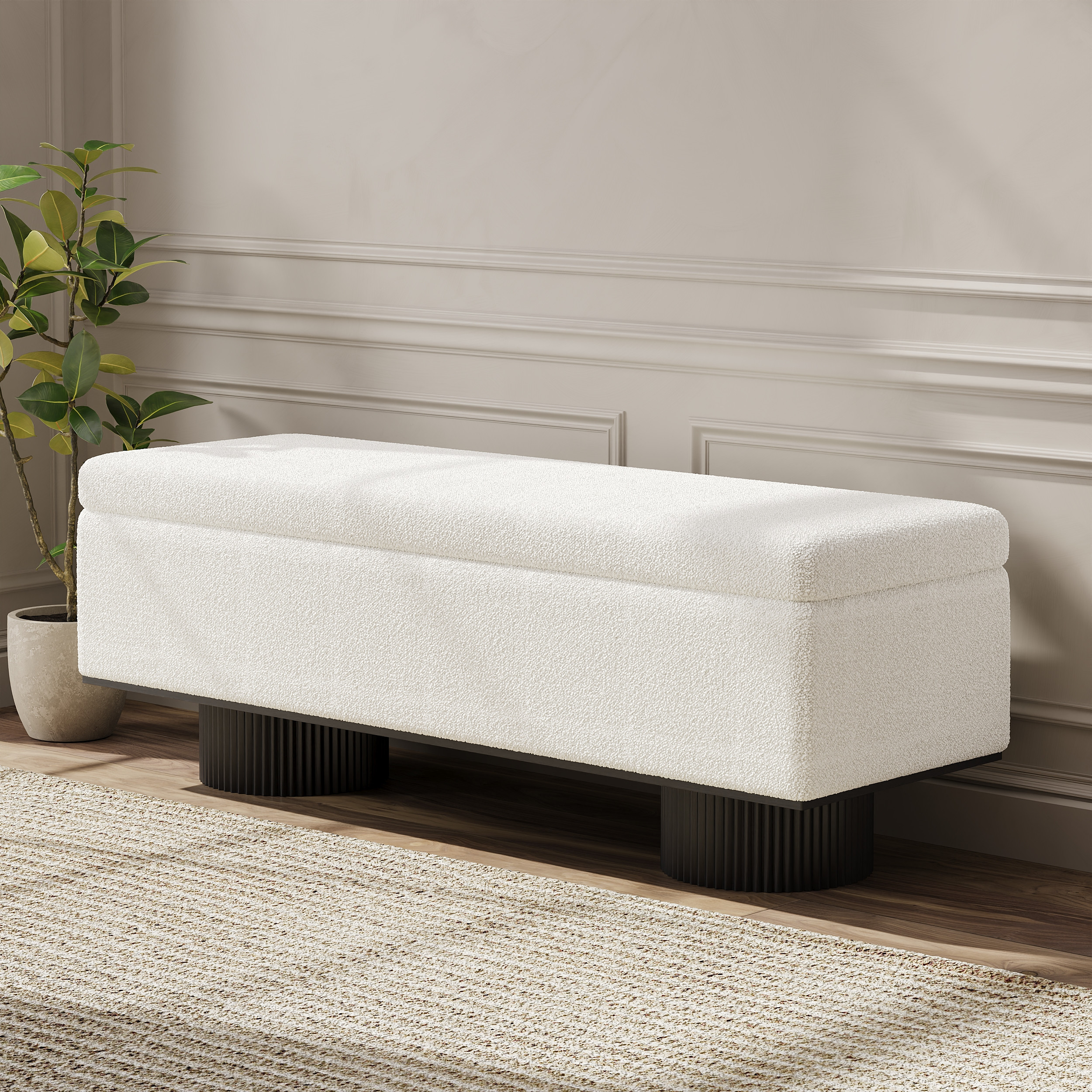 Storage Entryway Bench Boucle & Wood Entryway Furniture in White | Homary