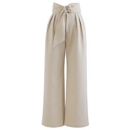 O-Ring Knotted Waist Wide Leg Pants in Sand | Chicwish