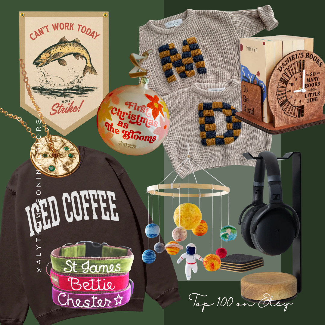 Top 100 on Etsy | Handmade | Shop Small | Etsy | Fishing Banner | Iced Coffee Crewneck | Book Lover | Baby Mobile | Pet Collar | Embroidered Baby Sweater 

 #LTKGiftGuide #LTKHoliday #LTKSeasonal