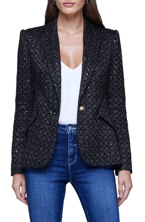 L'AGENCE Chamberlain Sequin Tweed Blazer in Black Multi at Nordstrom, Size 0 | Nordstrom