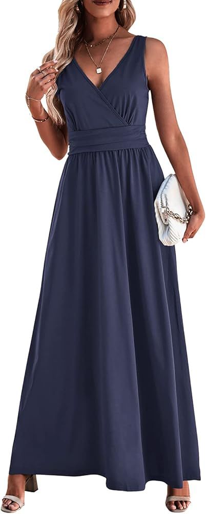 II ININ Womens 2023 Wedding Guest Dresses Elegant Wrap Maxi Dresses Summer Long Formal V Neck Dre... | Amazon (US)