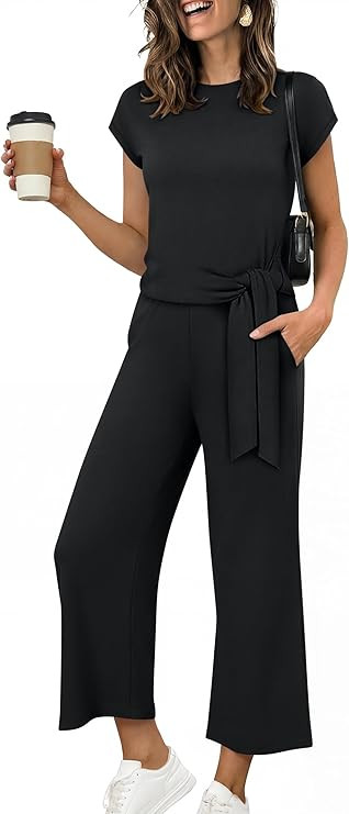 ANRABESS Women 2 Piece Outfits 2026 Summer Lounge Sets Cap Sleeve Tie Waisted Top Wide Leg Pant A... | Amazon (US)