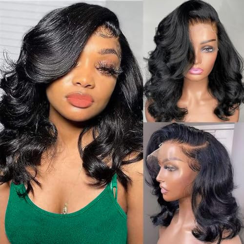 Body Wave 13x6 HD Lace Front Wigs Human Hair 200% Density Bob Wig Human Hair Pre Plucked Short Bob Wigs for Black Women Glueless Frontal Wig Human Hair Natural Black Loose Wavy 14 inch Bob Wig | Amazon (US)