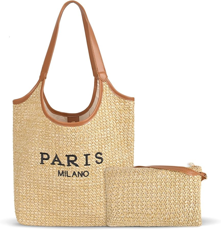 Women Straw Beach Tote Bag - Paris Milano Woven Handbag Summer Vacation Raffia Shoulder Bag with ... | Amazon (US)