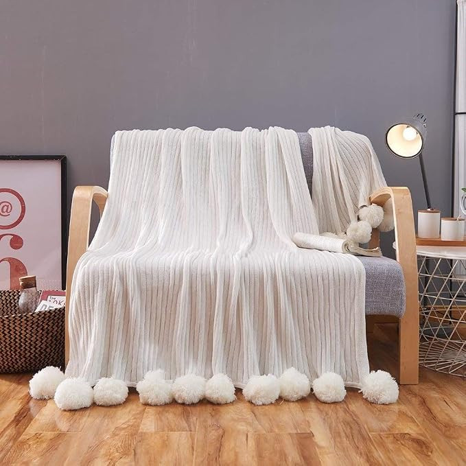 Reversible 100% Cotton Knit Throws Pompoms Fringe Solid Hypoallergenic Blanket (59" WX79 L, White... | Amazon (US)