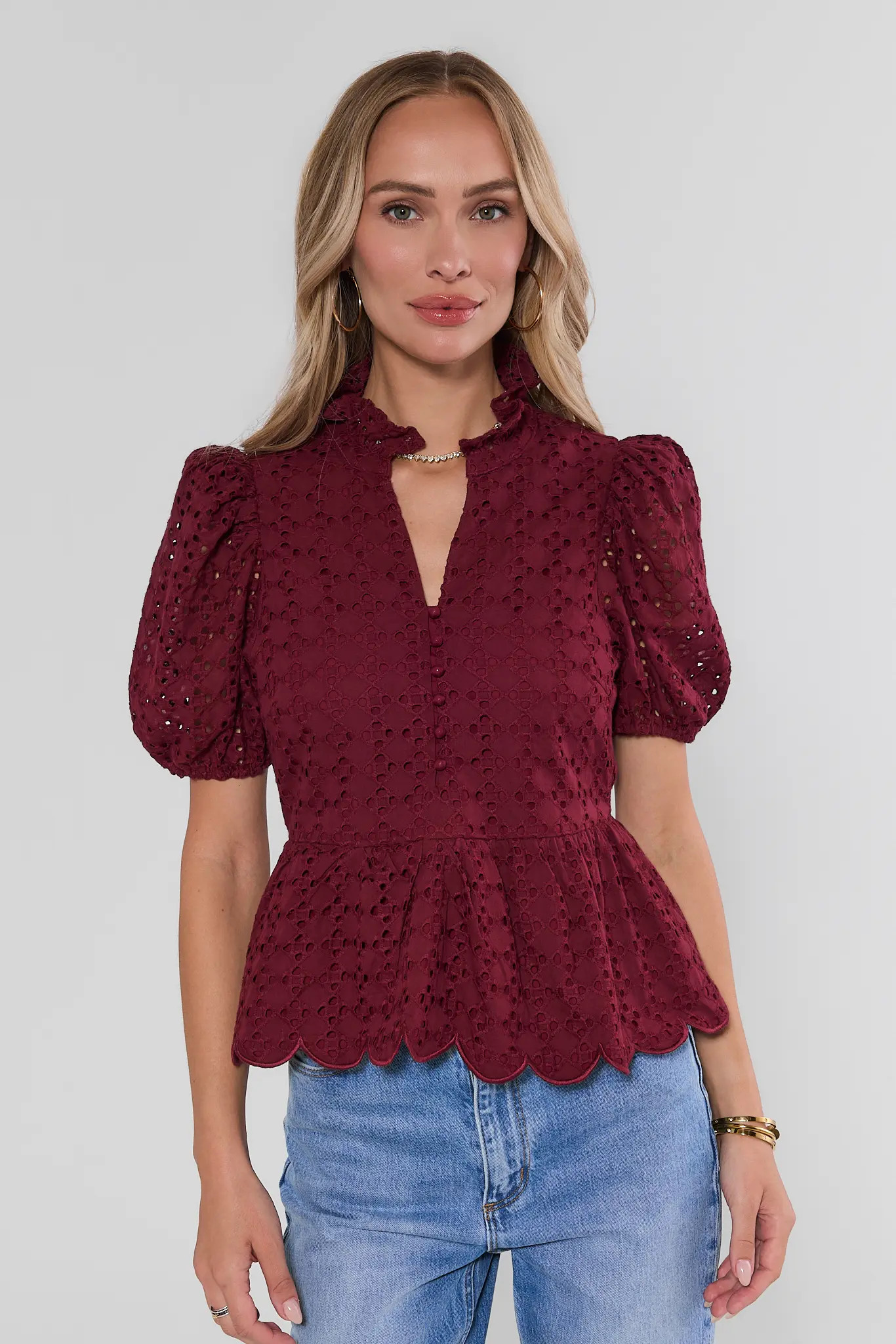 Maroon Eyelet Peplum Top | Avara