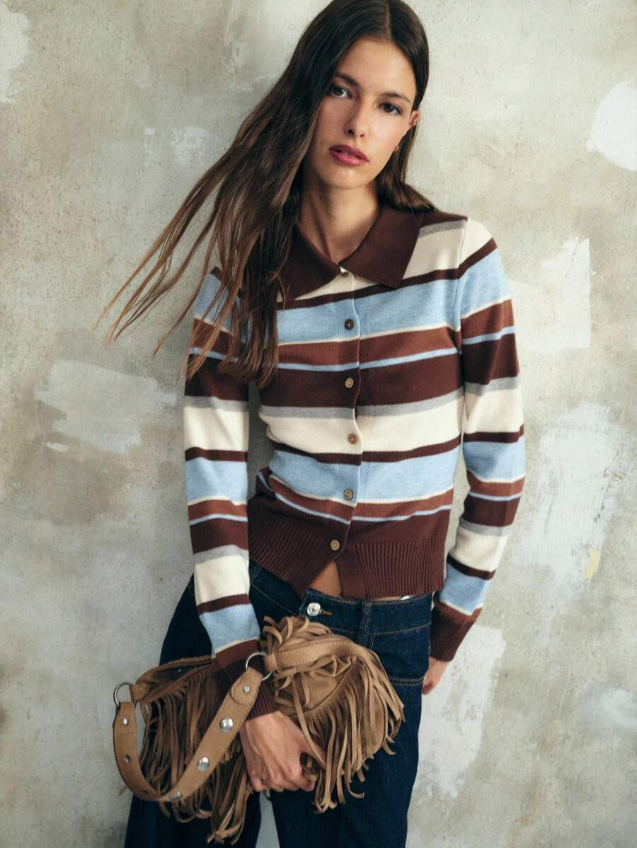 LocalNöista Striped Button Front Cardigan, Comfortable Knit Layering Piece For Casual And Busine... | SHEIN