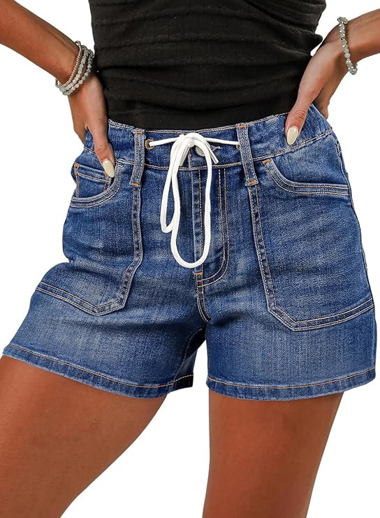 Sidefeel Women's Jean Shorts High Waisted Stretchy Casual Drawstring Denim Shorts with Pockets | Amazon (US)