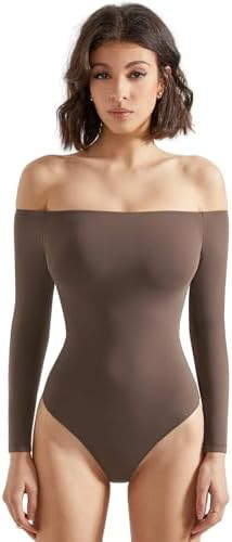 SUUKSESS Women Off the Shoulder Long Sleeve Bodysuit Double Lined Thong Bodysuit | Amazon (US)