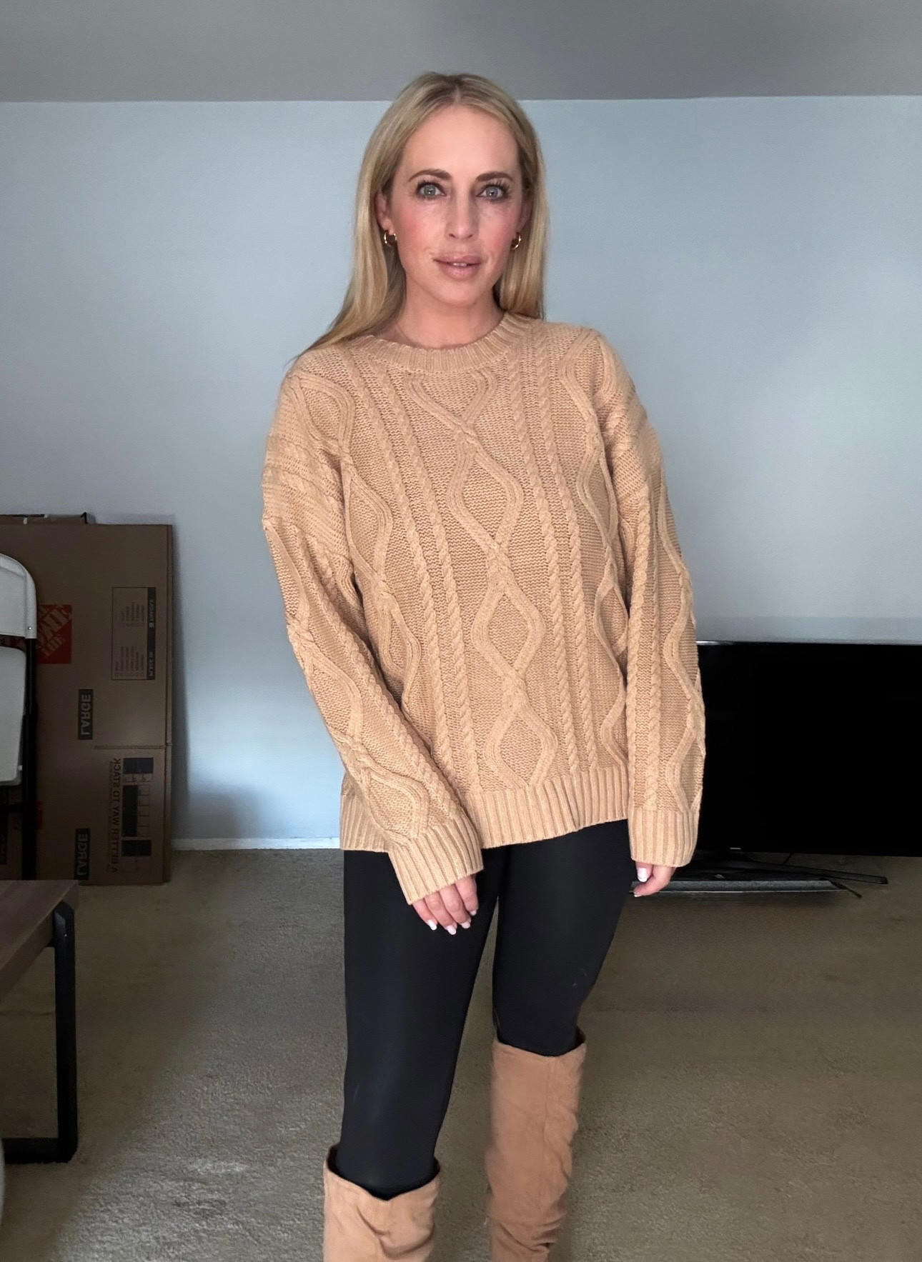 Neutral fall outfit. Wearing L in cable knit sweater, XL in leggings and 9.5 in boots. 


#LTKMidsize #LTKSeasonal #LTKFindsUnder50