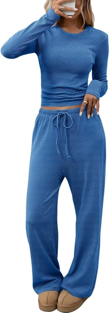 CHYRII Womens Two Piece Sets Fall Fashion Striped Long Sleeve Tops Wide Leg Palazzo Pants Outfits... | Amazon (US)