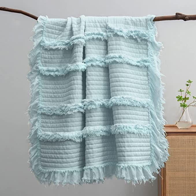 Ultra Soft Pre-Washed Quilted Boho Throw Blanket, Ruffle Fringed Blue Decorative Throw, Stone Was... | Amazon (US)