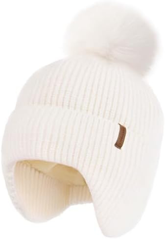 Toddler Baby Winter Hat Warm Fleece Lined Knit Kids Hat with Earflap Infant Newborn Pom Pom Beani... | Amazon (US)