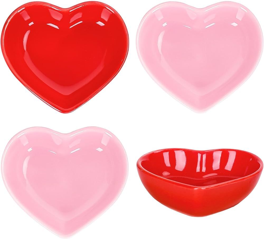 Whaline 4Pcs Heart Shape Sauce Dish Ceramic Side Dish Bowl Red Pink Jewelry Ring Dish Tray for Home Kitchen Xmas Wedding Valentine's Day Anniversary Birthday Party Decor | Amazon (US)