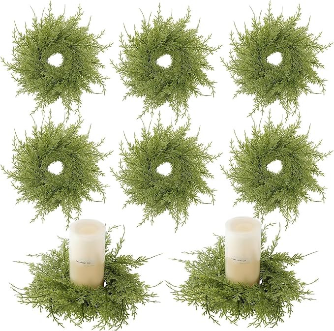 8 Pcs Cedar Wreath Candle Ring Mini Wreath Outer 8.7 Inch Artificial Pine Garland Candle Ring Hol... | Amazon (US)