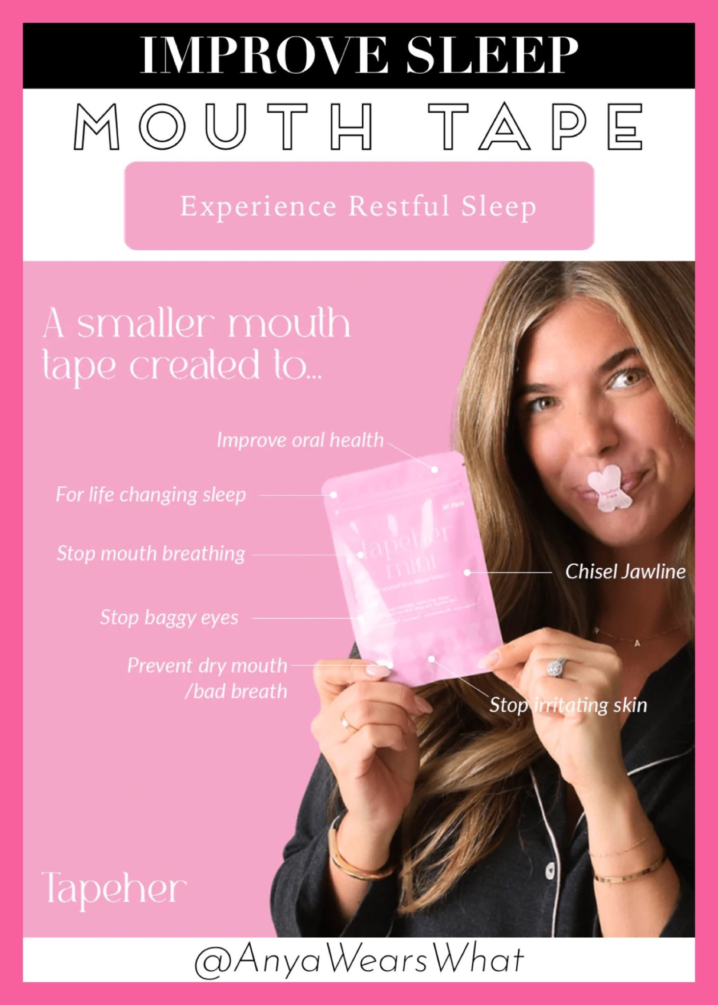 Get 15% off with code: ANYA15 💕
Taping your mouth during sleep encourages nasal breathing, which can improve oxygenation, reduce snoring, and enhance overall sleep quality, leading to better recovery. Using mouth tape can even promote better alignment of your jaw and airway. 

#tapeher #mouthtape #sleep #nightroutine #ltkbeauty #natural #health #LTKMostLoved #restful #mouthbreathing #baggyeyes #teeth #drymouth #badbreath #jawline #oralhealth #sleepbetter #sleephack


#LTKHoliday #LTKFindsUnder50 

#LTKBeauty #LTKdayinmylife #LTKSeasonal