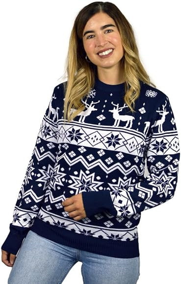 Jersey Navideño para Mujer, Hombre y Niños con Renos y Estrellas Azul Nordic | Amazon (ES)