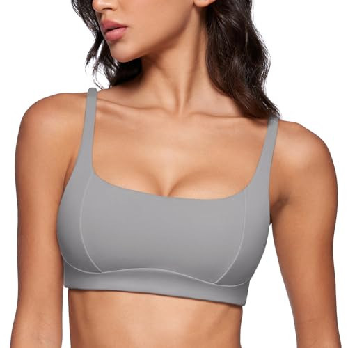 INGIA Women's Square Scoop Neck Sports Bra Thin Strap Padded Low Impact Yoga Bra Wireless Workout Crop Top Rhino Grey Large | Amazon (US)