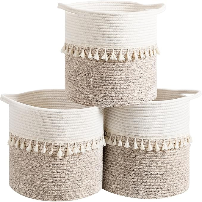 danpinera 11 Inch Storage Baskets Set of 3, Cotton Woven Baskets for Storage with Strong Handles ... | Amazon (US)