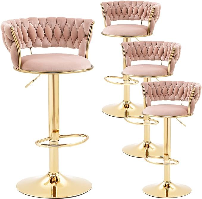 SLEERWAY Modern Velvet Bar Stools- Swivel Adjustable, Gold Upholstered Bar Chairs with Woven Back... | Amazon (US)