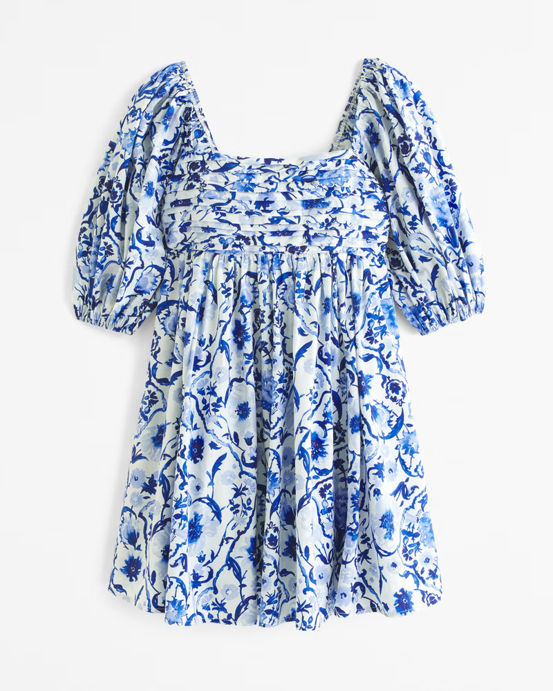 Abercrombie & Fitch Women's The A&F Emerson Poplin Puff Sleeve Mini Dress in Blue Pattern - Size M PETITE | Abercrombie & Fitch (US)
