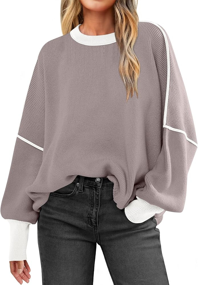 ANRABESS Womens Oversized Sweaters Fall 2024 Fashion Crewneck Batwing Long Sleeve Side Slit Knit ... | Amazon (US)