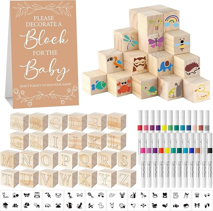 117 Pcs Baby Shower Blocks to Decorate Game Kit Includes 52 Wooden Blocks 24 Markers 1 Game Sign ... | Amazon (US)