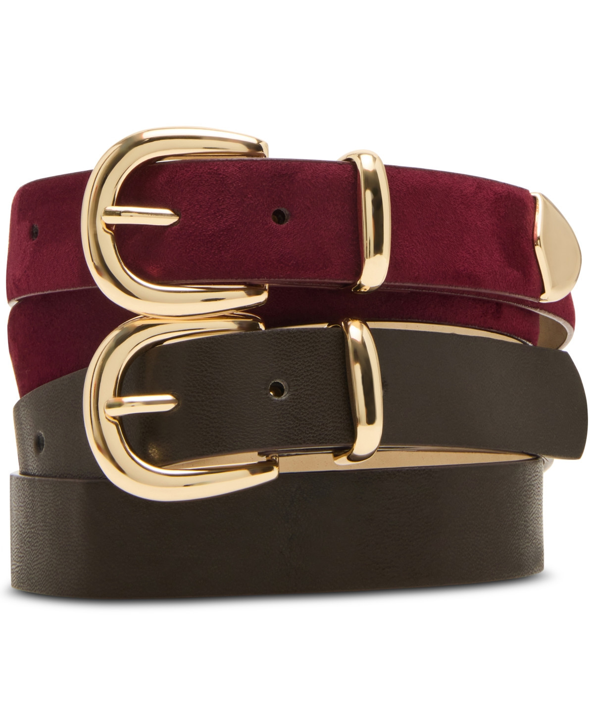Steve Madden Rounded-Buckle Faux-Leather Belts, Set of 2 - Bordeaux/espresso | Macy's