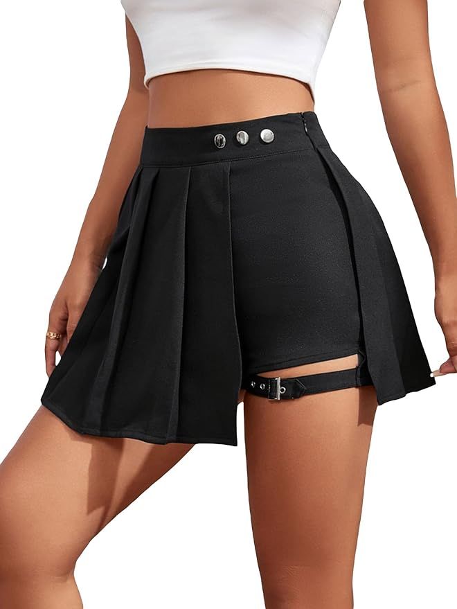 WDIRARA Women's High Waist Pleated Button Skort Asymmetrical Skirt Shorts | Amazon (US)