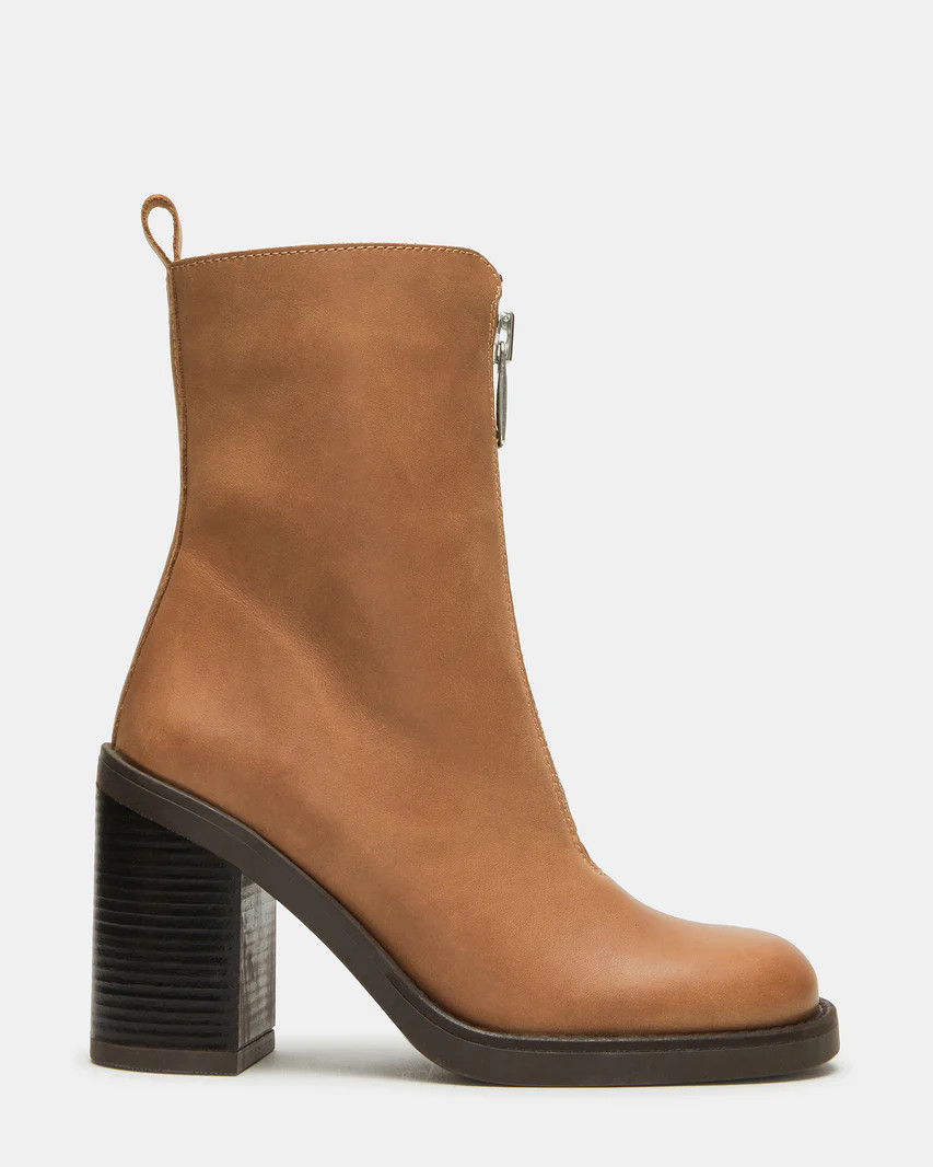 DECLAN Cognac Leather Block Heeled Ankle Boot | Women's Booties | Steve Madden (US)