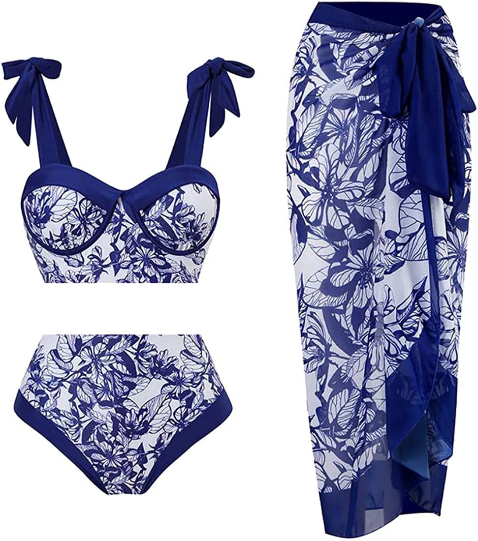 Wuitrie Womens Bikini Set 3 Piece Elegant Vintage Print Ruffled Lace Up Brazilian Thong Swimsuits... | Amazon (US)