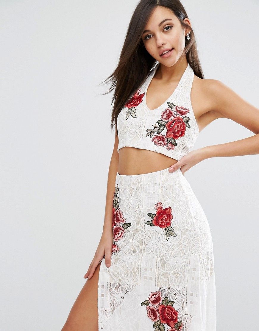 Love Triangle Lace Crop Top With Floral Embroidery Co-Ord - White | ASOS US