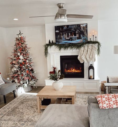 Cozy Christmas living room 🎄 Linked my Christmas home decor. My living room rug, couch, coffee table, and buffet table, and vase with artificial holiday stems! Crate and Barrel links, Afloral, Pottery Barn, Wayfair and some more. 

#LTKhome #LTKHoliday