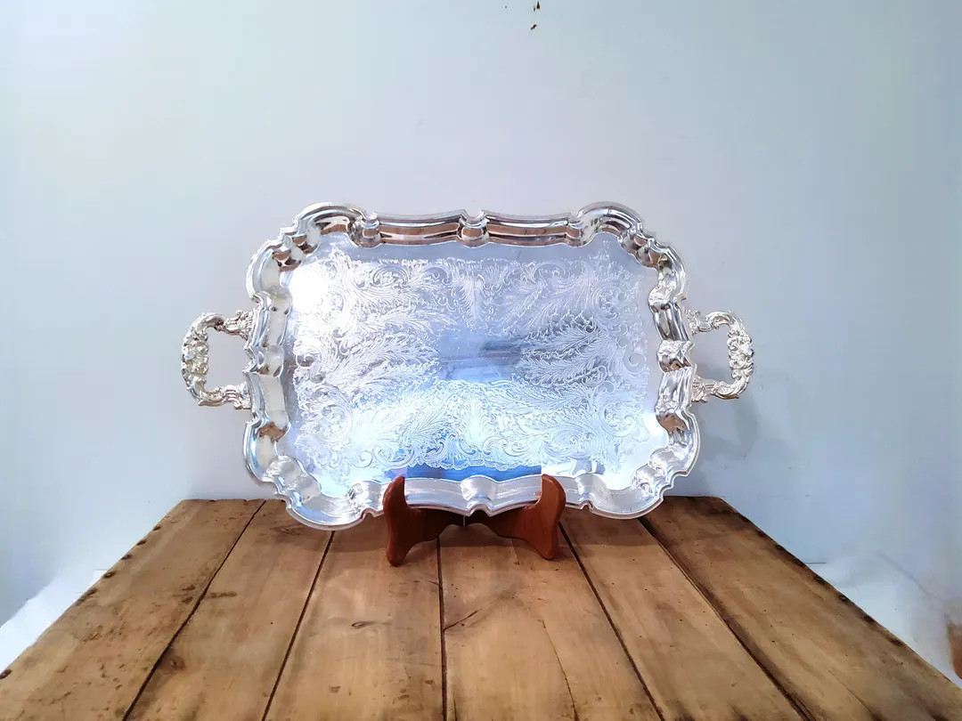 Ornate Silver Plated Serving Tray, footed tray, silver tray, ornate, engraved tray, heavy, victor... | Etsy (US)