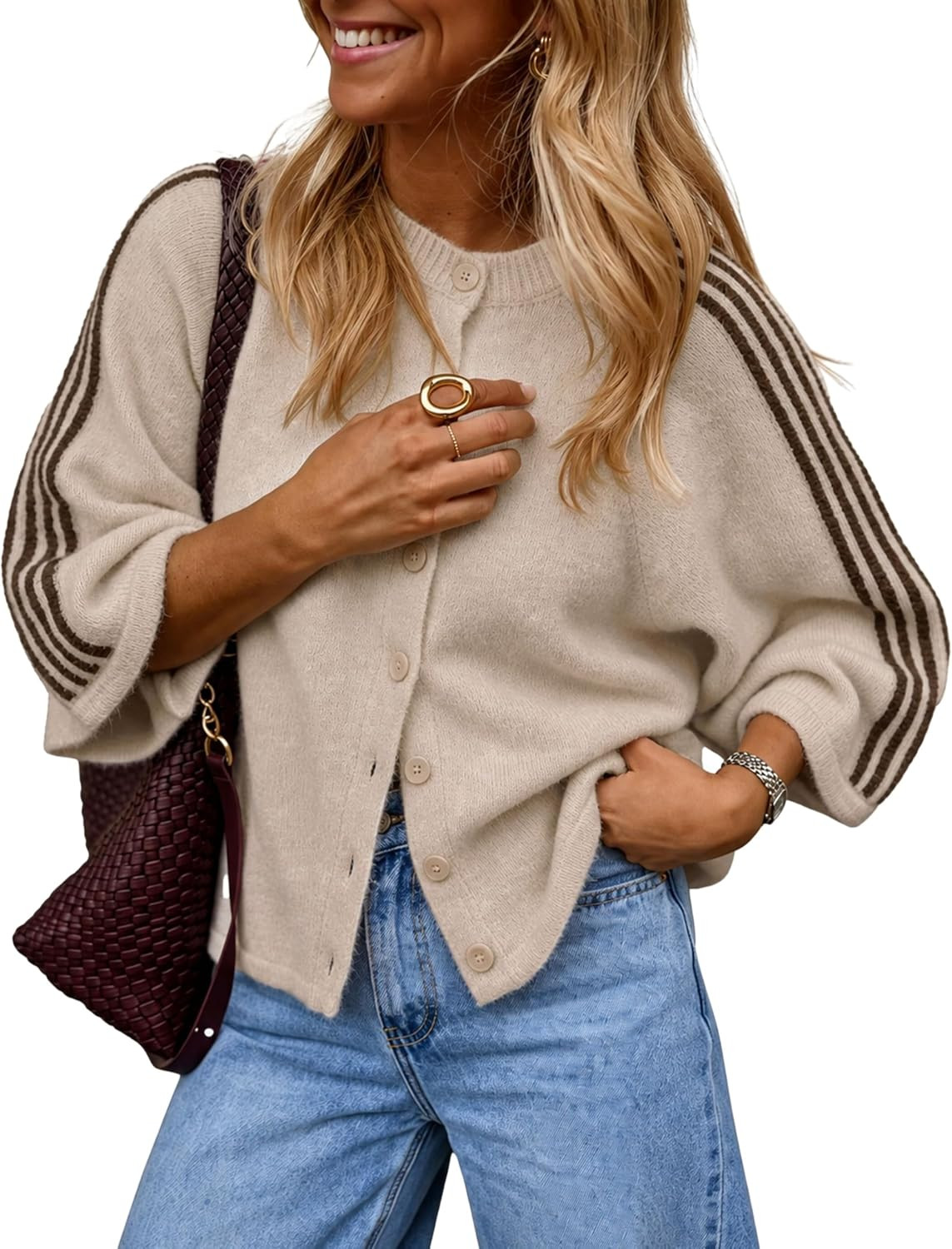Daacee Women Oversized Striped Cardigan Short Sleeve Button Front Sweater | Amazon (US)