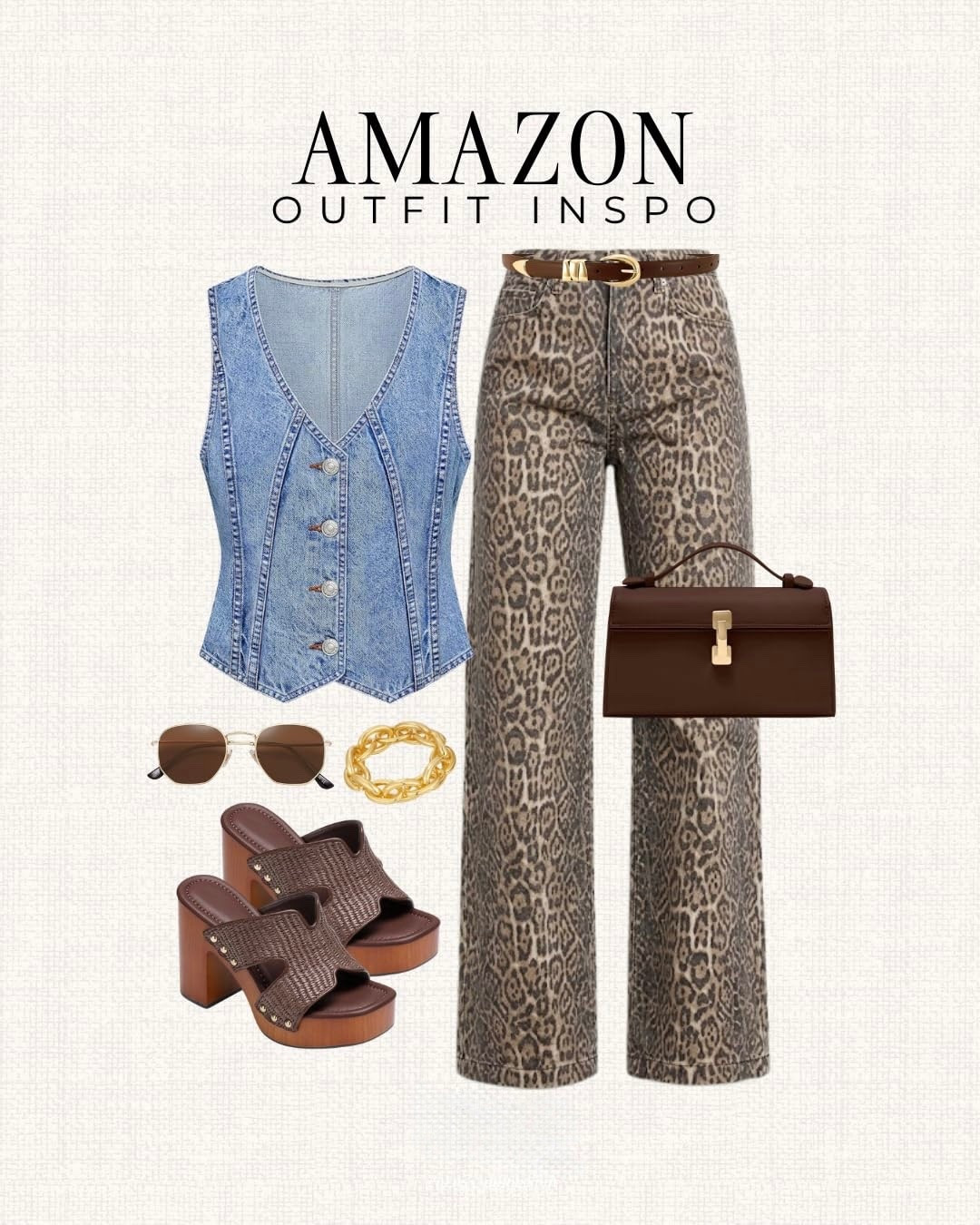 Amazon Outfit Inspo ✨ Leopard Print Pants + Denim Vest Outfit Idea for Trendy Everyday Style 🤎 This chic outfit pairs statement leopard print pants with a structured denim vest, platform heels, and classic brown accessories for an elevated yet wearable look. Perfect for brunch, shopping days, date night, or casual events, this outfit blends bold trends with timeless neutrals. Save this for Amazon outfit ideas, leopard print outfit inspo, and effortless trendy style. #amazonoutfits #leopardprint #outfitinspo #trendyoutfits #casualchic #denimstyle #ltkstyle #everydayfashion

#LTKootd #LTKFestival #LTKSaleAlert