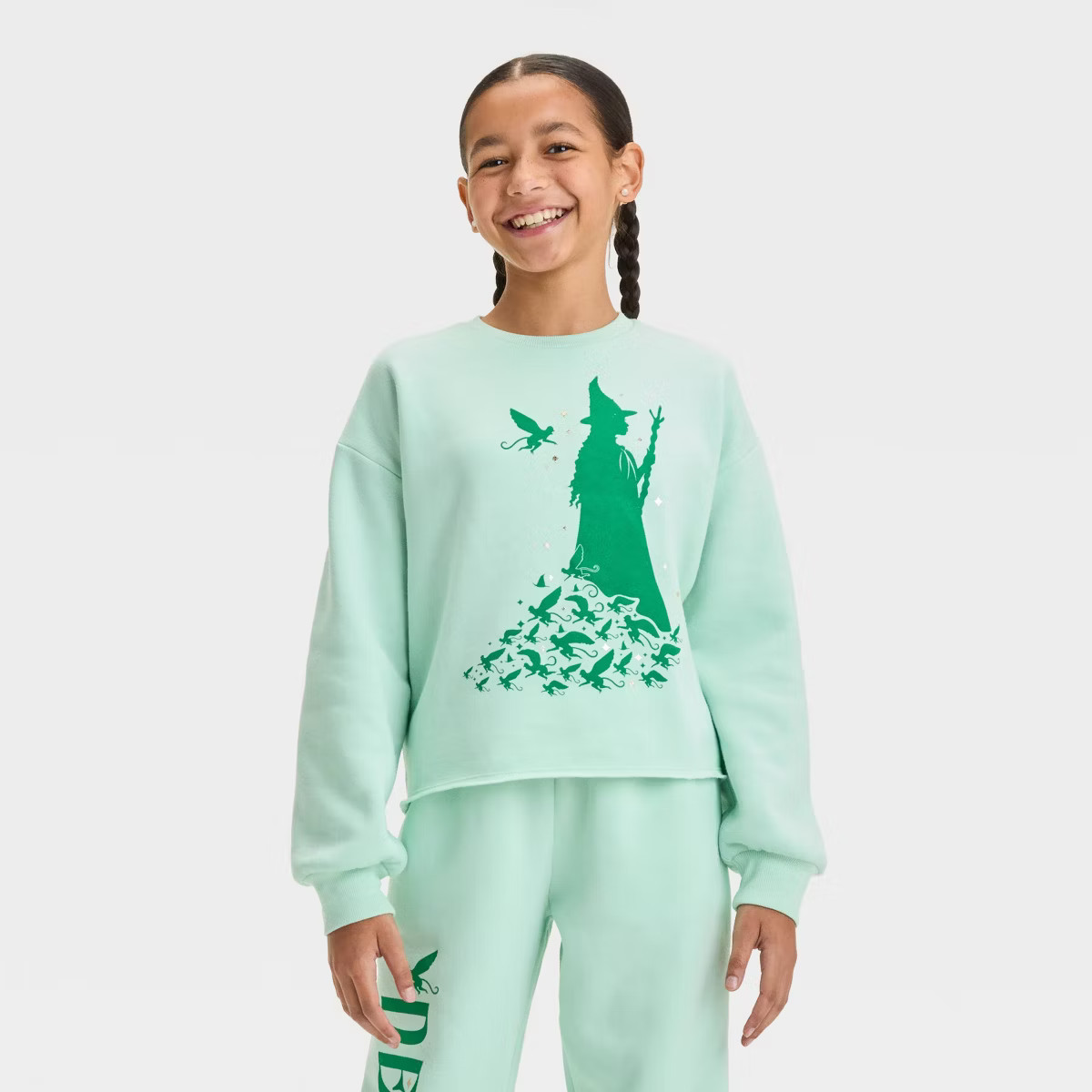 Girls' Wicked Elphaba Defy Gravity Dreamy Fleece Crewneck Sweatshirt - Mint Green | Target