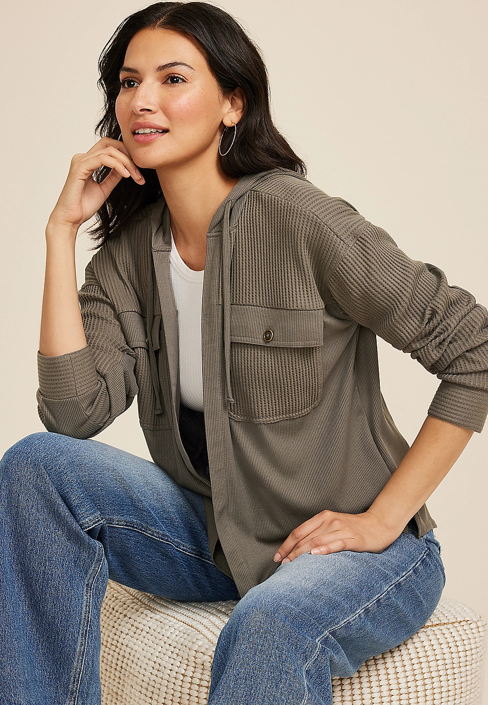 Waffle Knit Hooded Shacket | Maurices