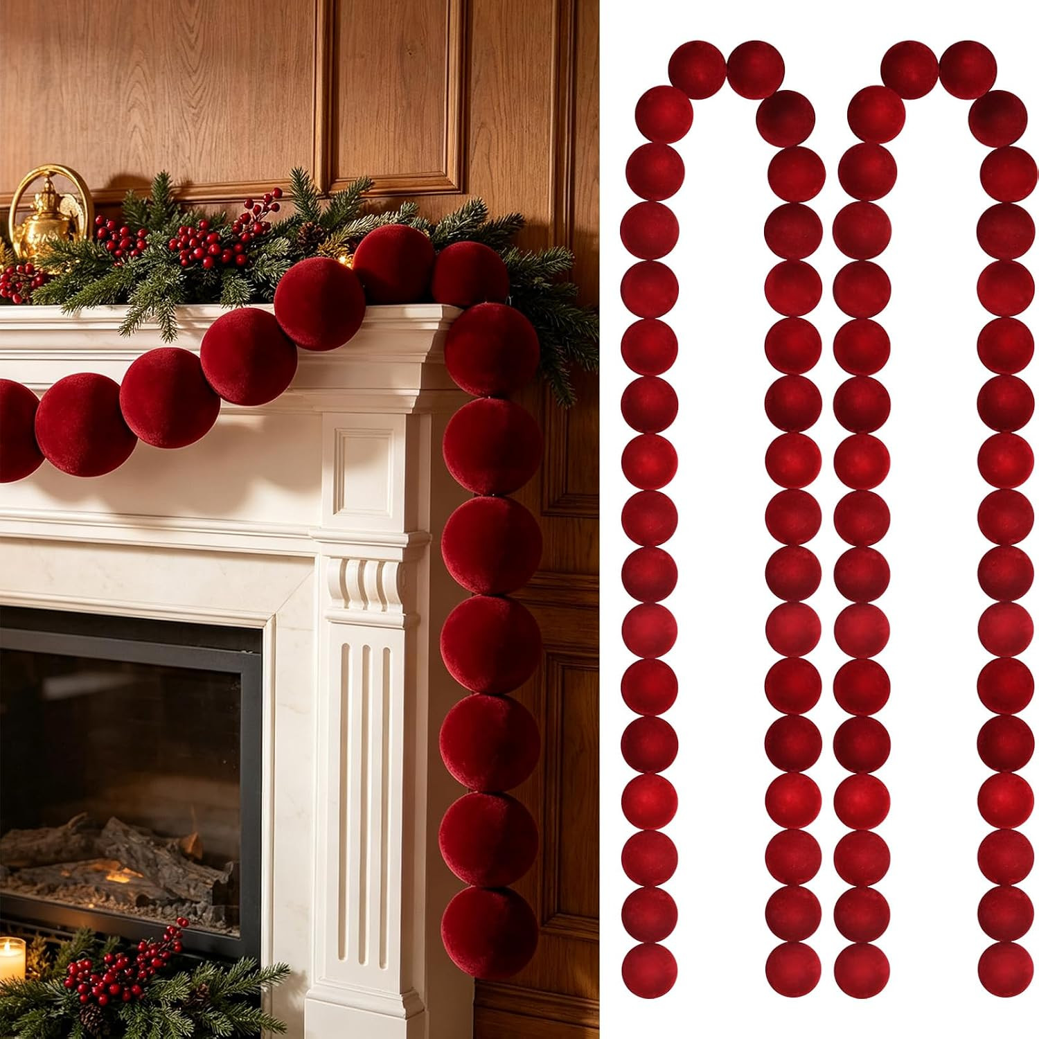 2 Pcs 9 ft Christmas Velvet Ball Garland 3.15 Inch Burgundy Ornaments Garland Xmas Hanging Balls Decorations for Tree Home Indoor Outdoor Mantel Holiday Party Accessories (2, 9 Ft, 3.15 Inch) | Amazon (US)